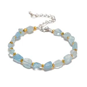 Aquamarine Pebble Nugget Beaded Bracelet Silver Plated Clasp 8-10mm 7.5" Length