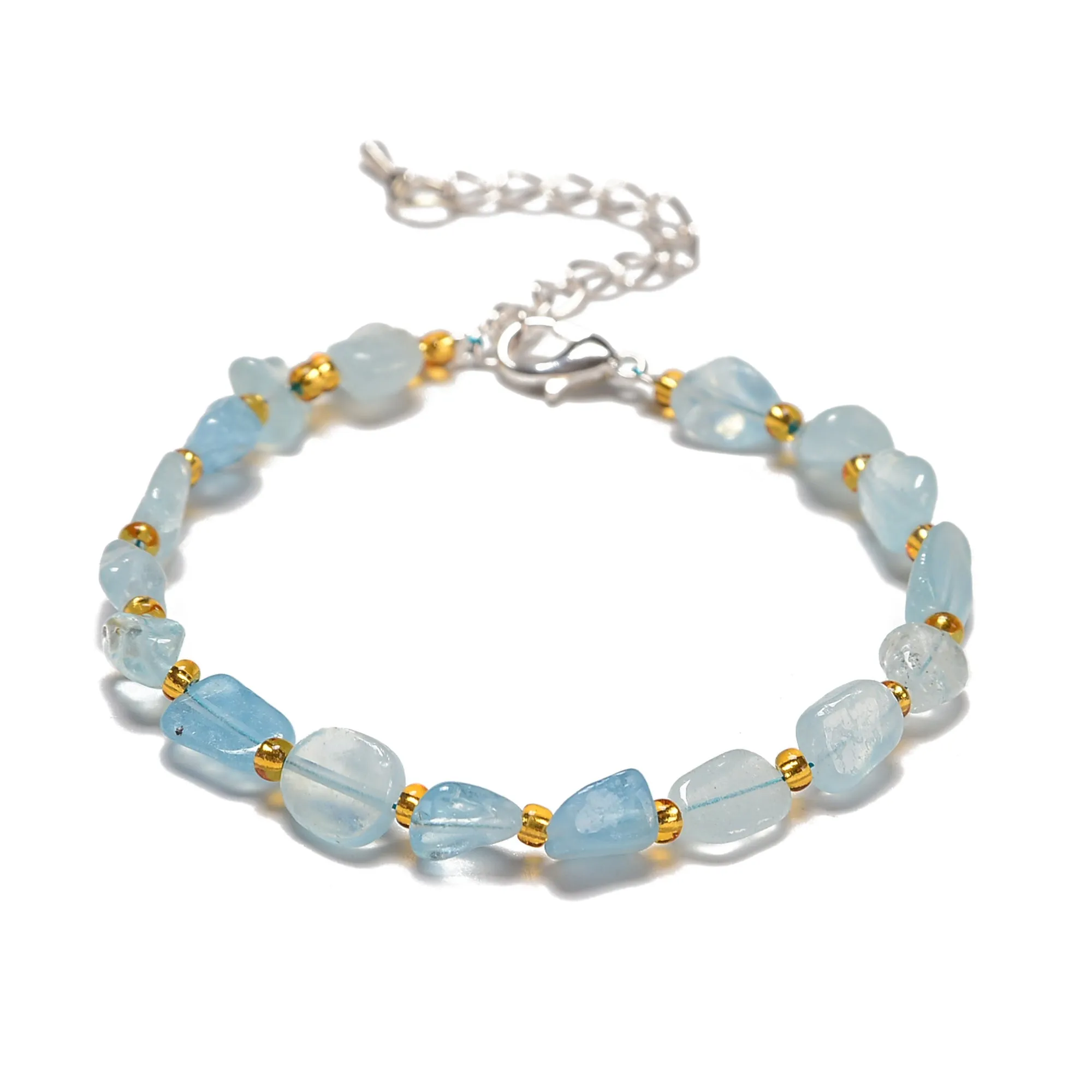 Aquamarine Pebble Nugget Beaded Bracelet Silver Plated Clasp 8-10mm 7.5" Length