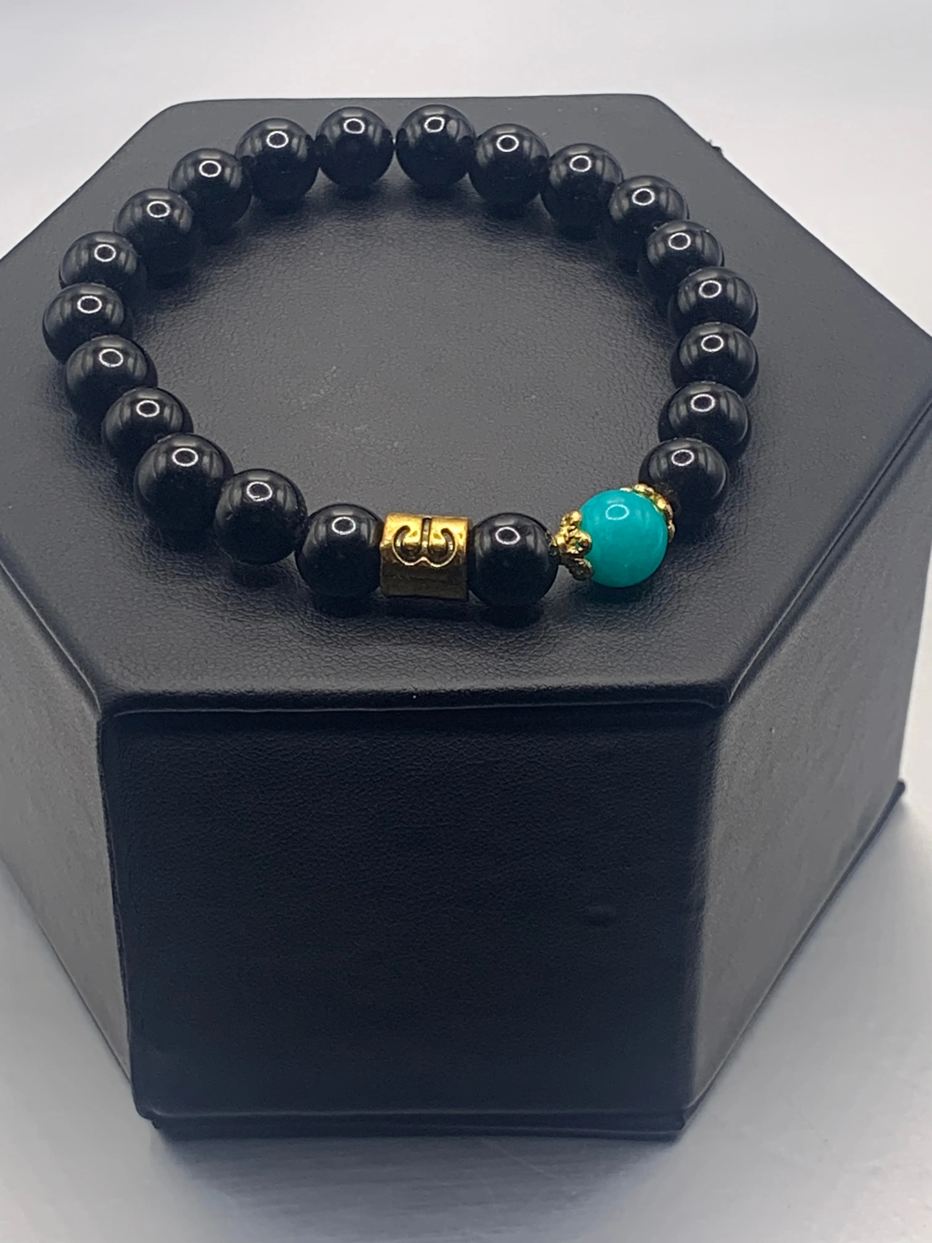 Aries Zodiac black obsidian with aquamarine chalcedony semi precious stone/crystal elastic beaded bracelet with gold accents