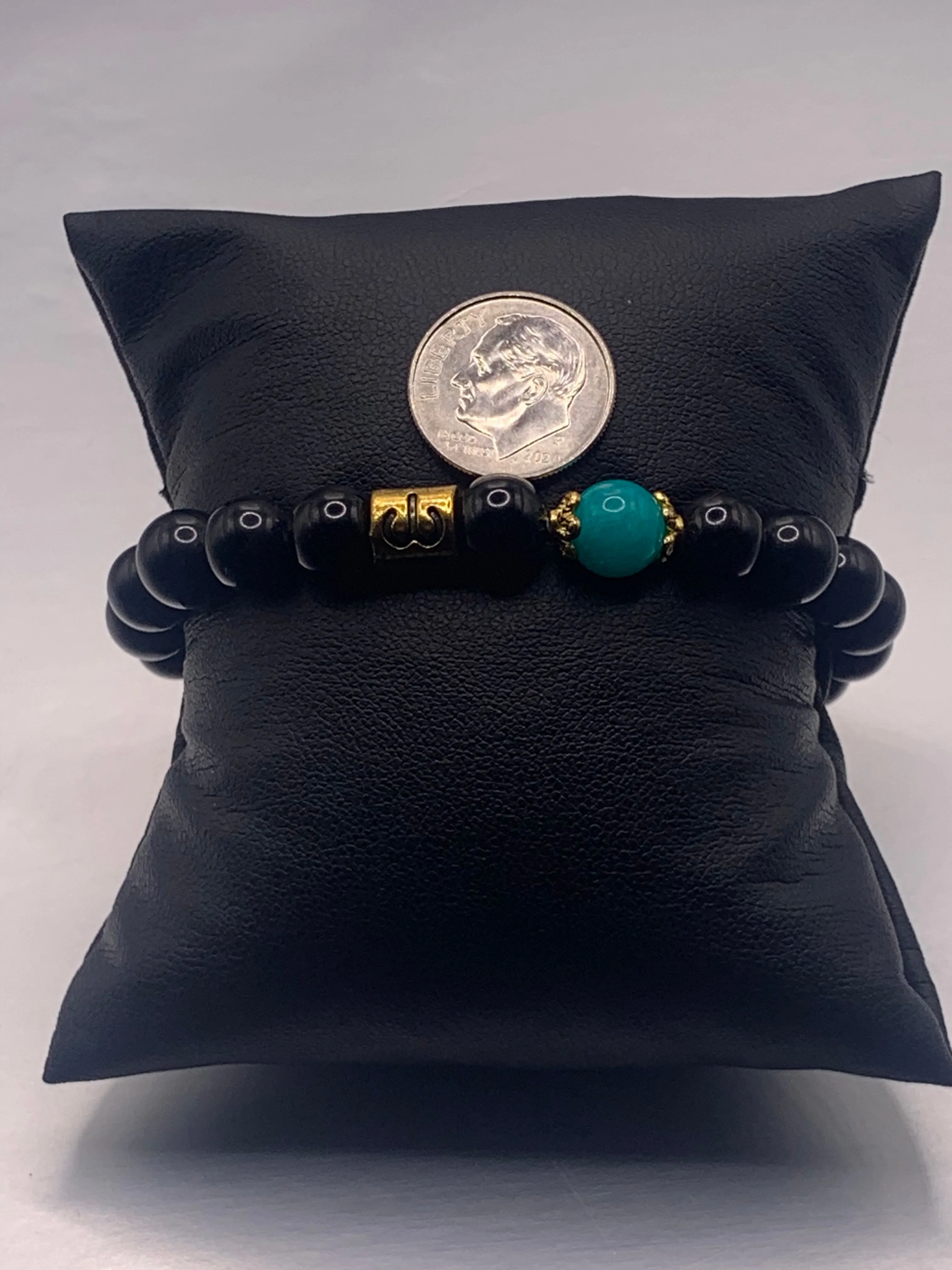 Aries Zodiac black obsidian with aquamarine chalcedony semi precious stone/crystal elastic beaded bracelet with gold accents