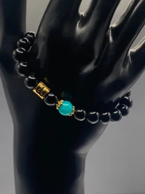 Aries Zodiac black obsidian with aquamarine chalcedony semi precious stone/crystal elastic beaded bracelet with gold accents