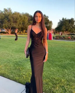 Black Sheath Lace Long Prom Dress Charming Evening Party Dress Formal Dress