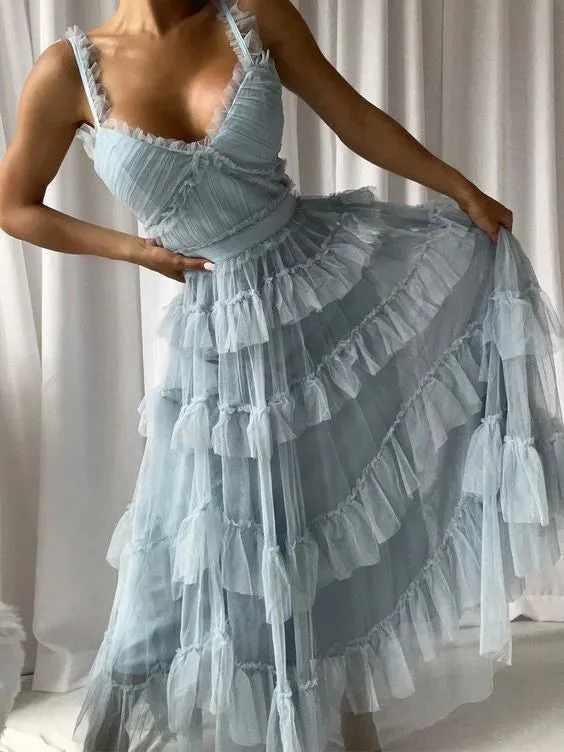 Blue A-Line Tulle Tiered Cute Prom Dress Party Gown Charming Evening Dress Wholesale