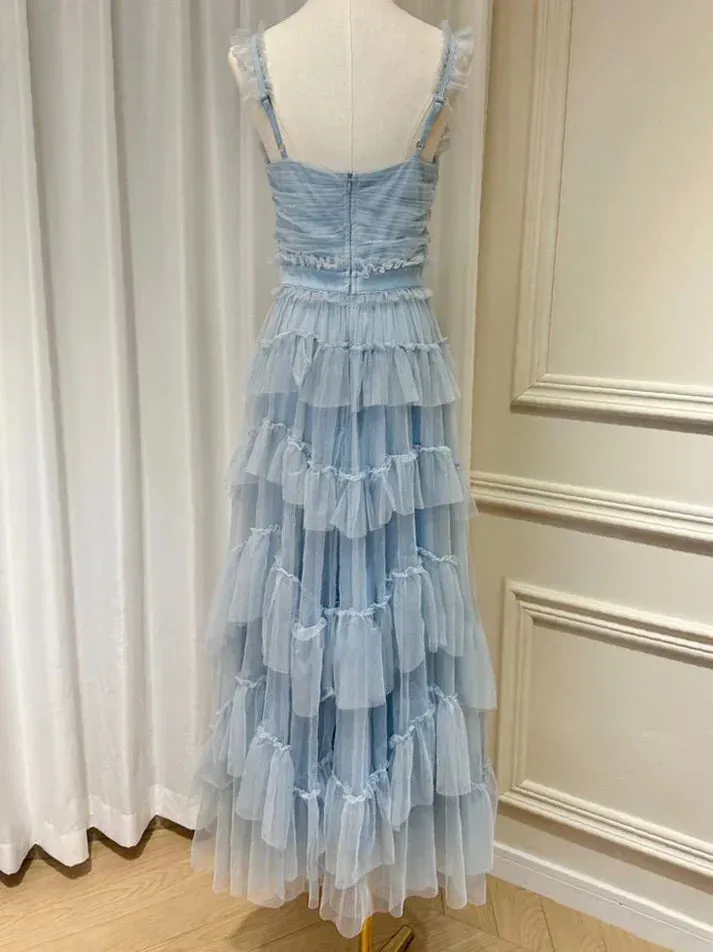 Blue A-Line Tulle Tiered Cute Prom Dress Party Gown Charming Evening Dress Wholesale