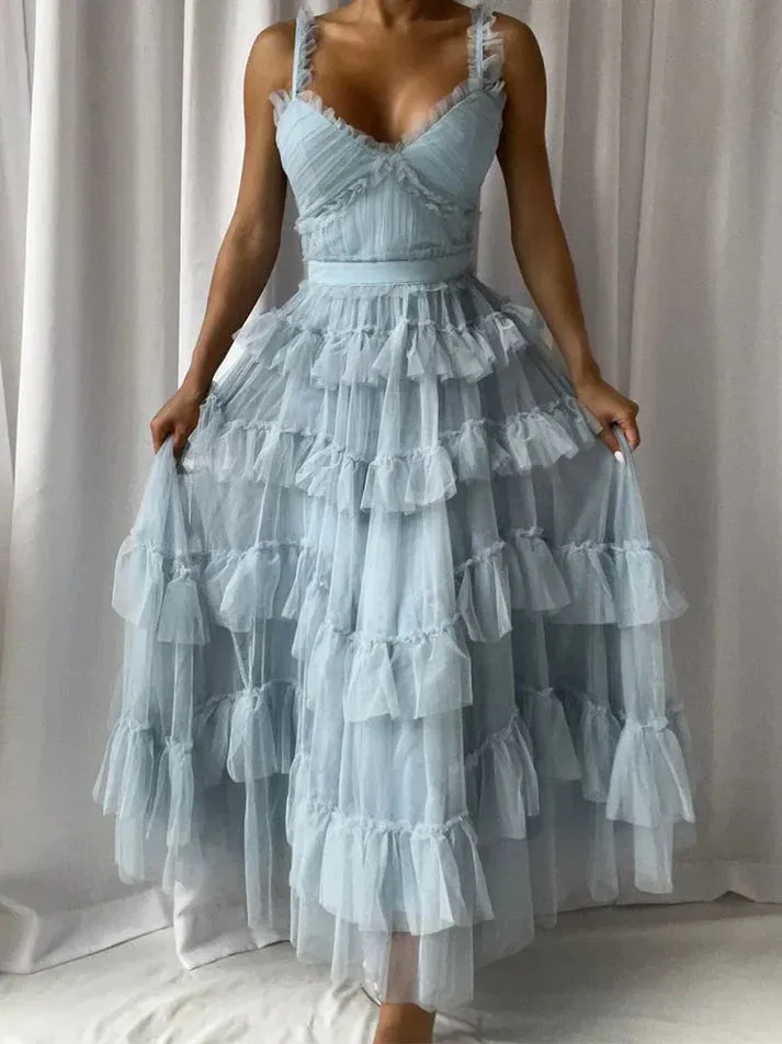 Blue A-Line Tulle Tiered Cute Prom Dress Party Gown Charming Evening Dress Wholesale