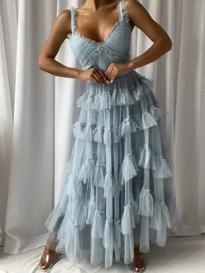 Blue A-Line Tulle Tiered Cute Prom Dress Party Gown Charming Evening Dress Wholesale