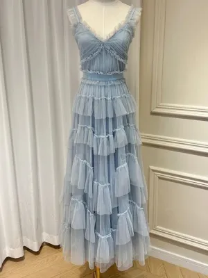 Blue A-Line Tulle Tiered Cute Prom Dress Party Gown Charming Evening Dress Wholesale