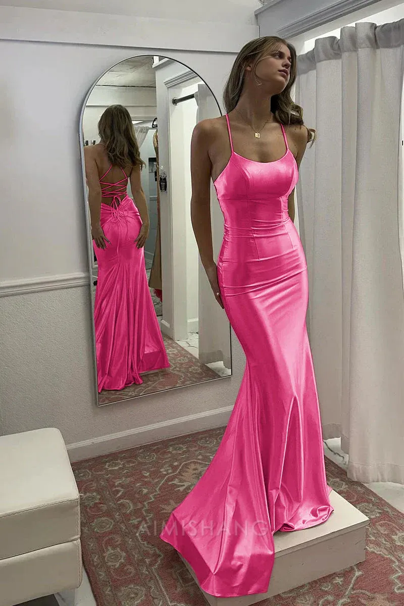 Cute Mermaid Scoop Neck Pink Satin Long Prom Dress Charming Evening Party Dress Formal Dress