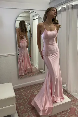 Cute Mermaid Scoop Neck Pink Satin Long Prom Dress Charming Evening Party Dress Formal Dress