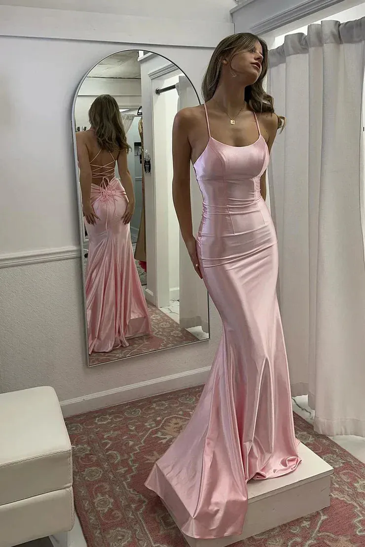 Cute Mermaid Scoop Neck Pink Satin Long Prom Dress Charming Evening Party Dress