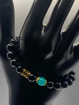 Gemini Zodiac black obsidian with aquamarine chalcedony elastic beaded bracelet with gold accents