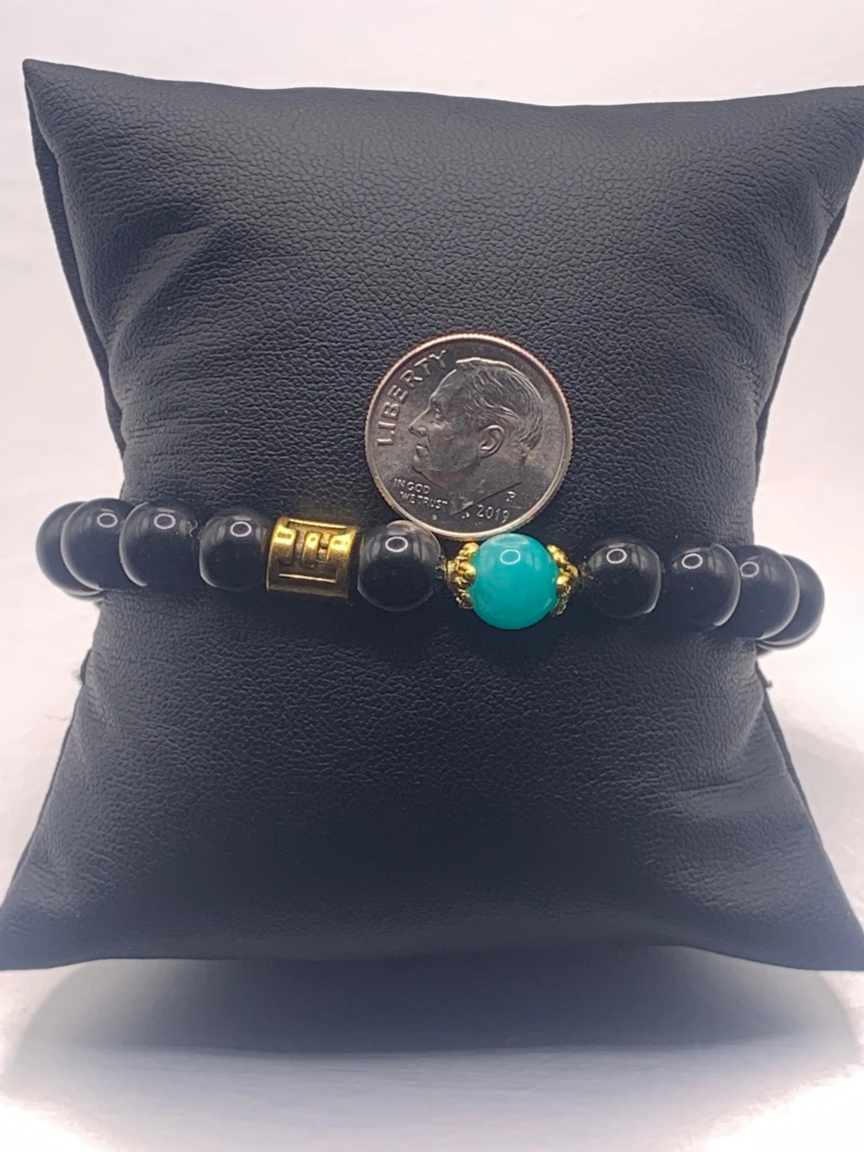 Gemini Zodiac black obsidian with aquamarine chalcedony elastic beaded bracelet with gold accents