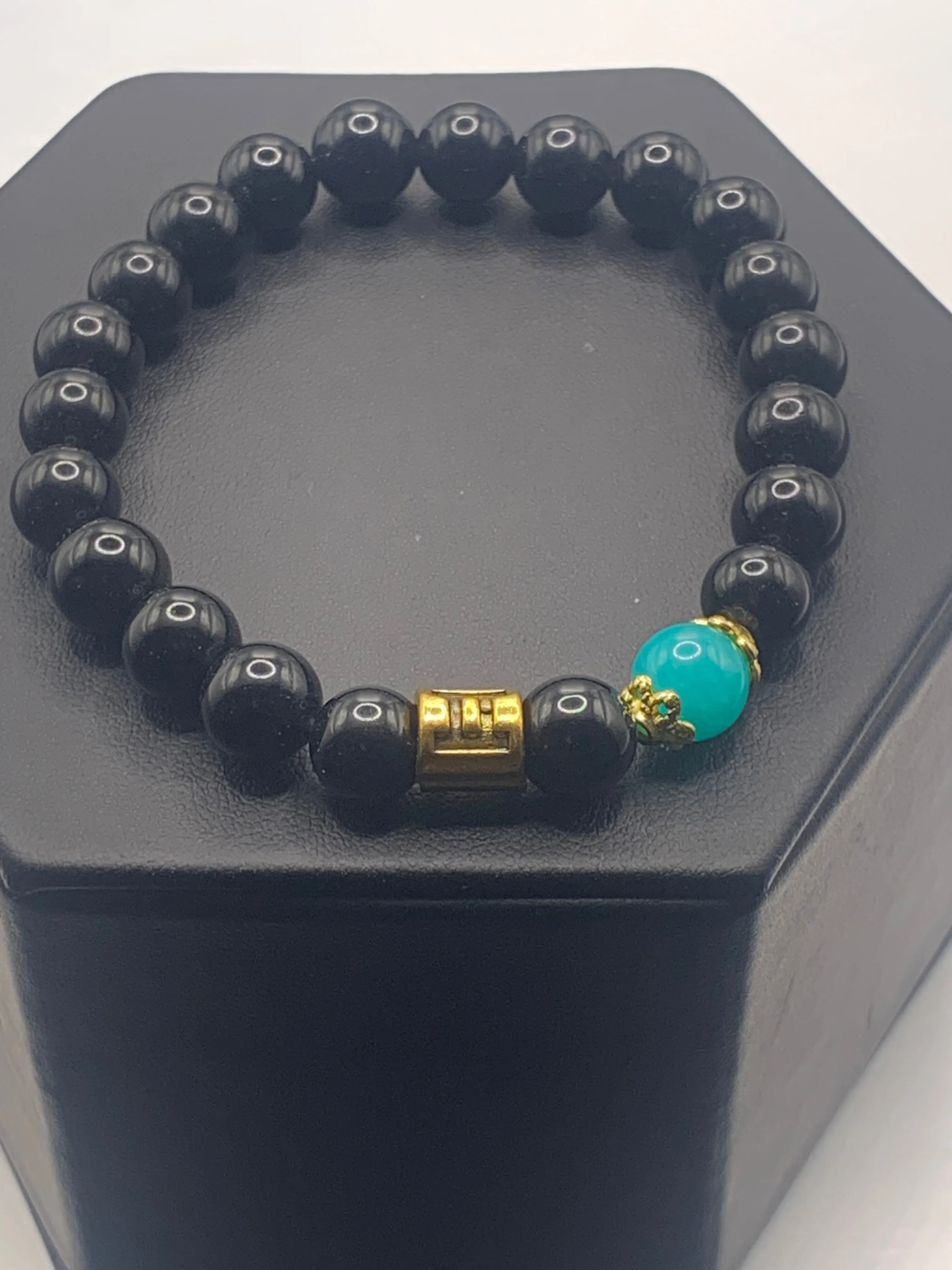 Gemini Zodiac black obsidian with aquamarine chalcedony elastic beaded bracelet with gold accents
