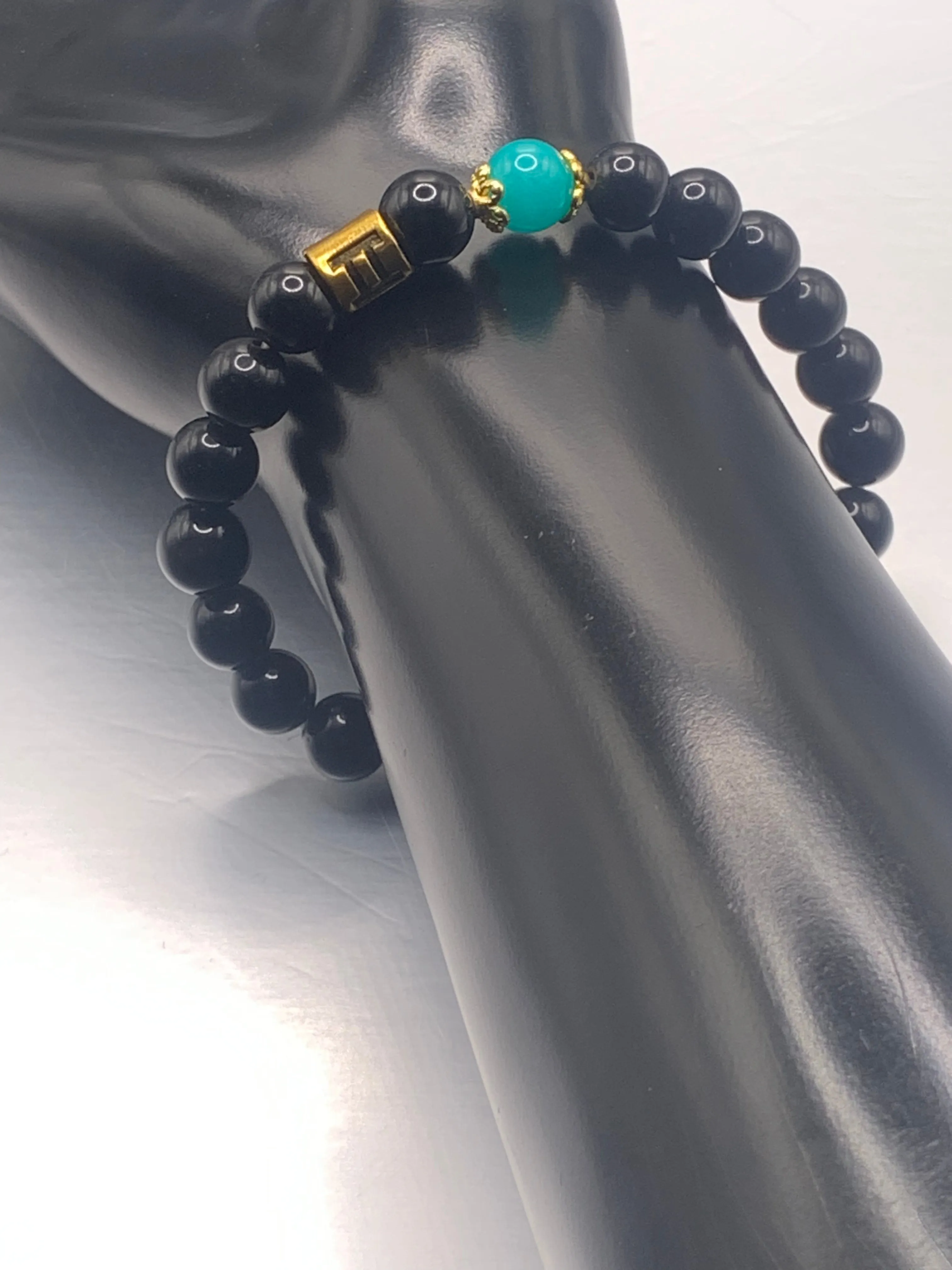 Gemini Zodiac black obsidian with aquamarine chalcedony elastic beaded bracelet with gold accents