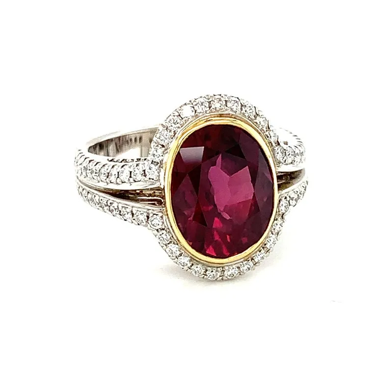 GIA Certified 4.61 Carat Ruby and Diamond Cocktail Ring in Yellow and White Gold