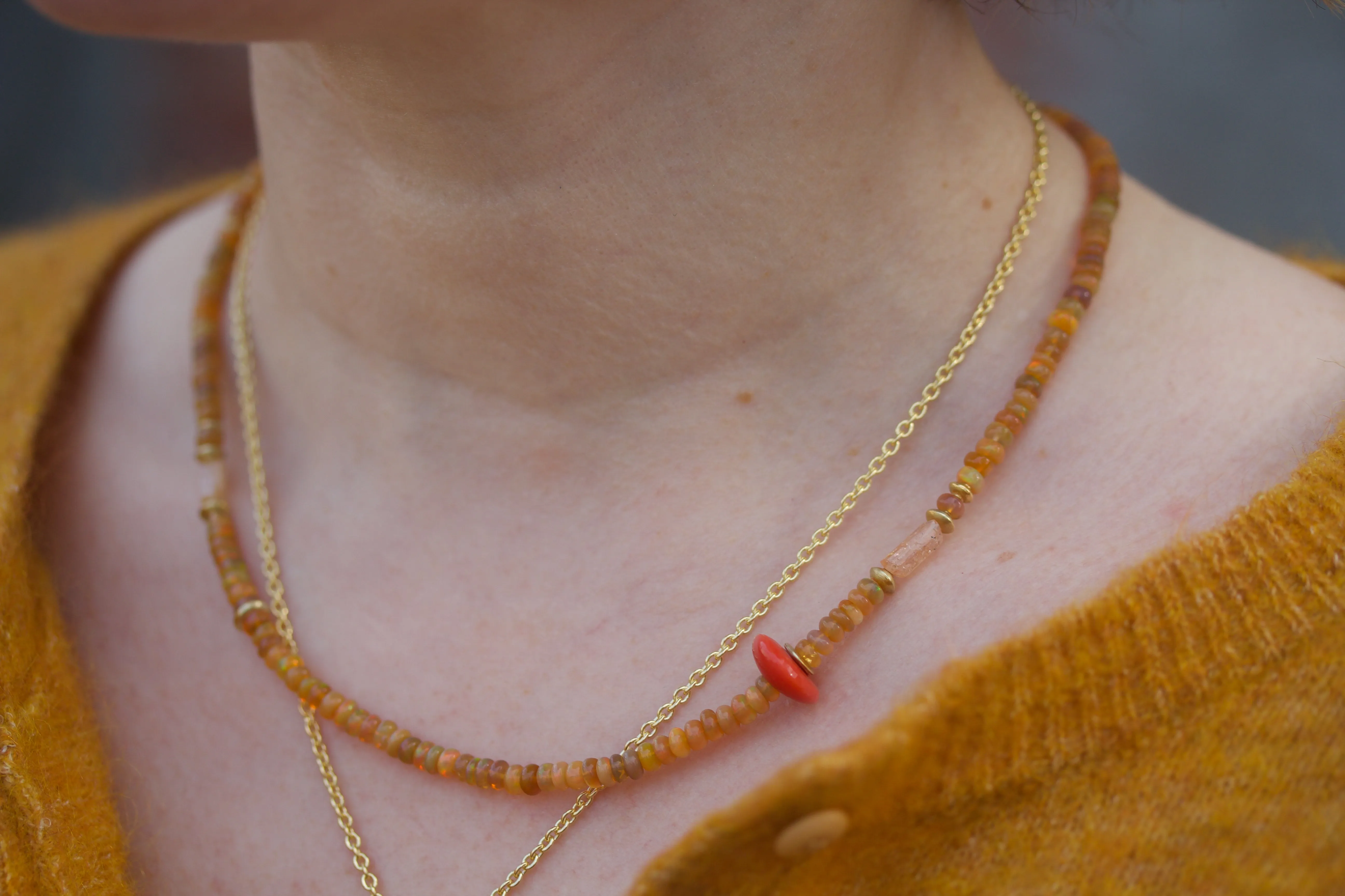 Opal, Coral, Precious Topaz & High Karat Gold Beaded Necklace