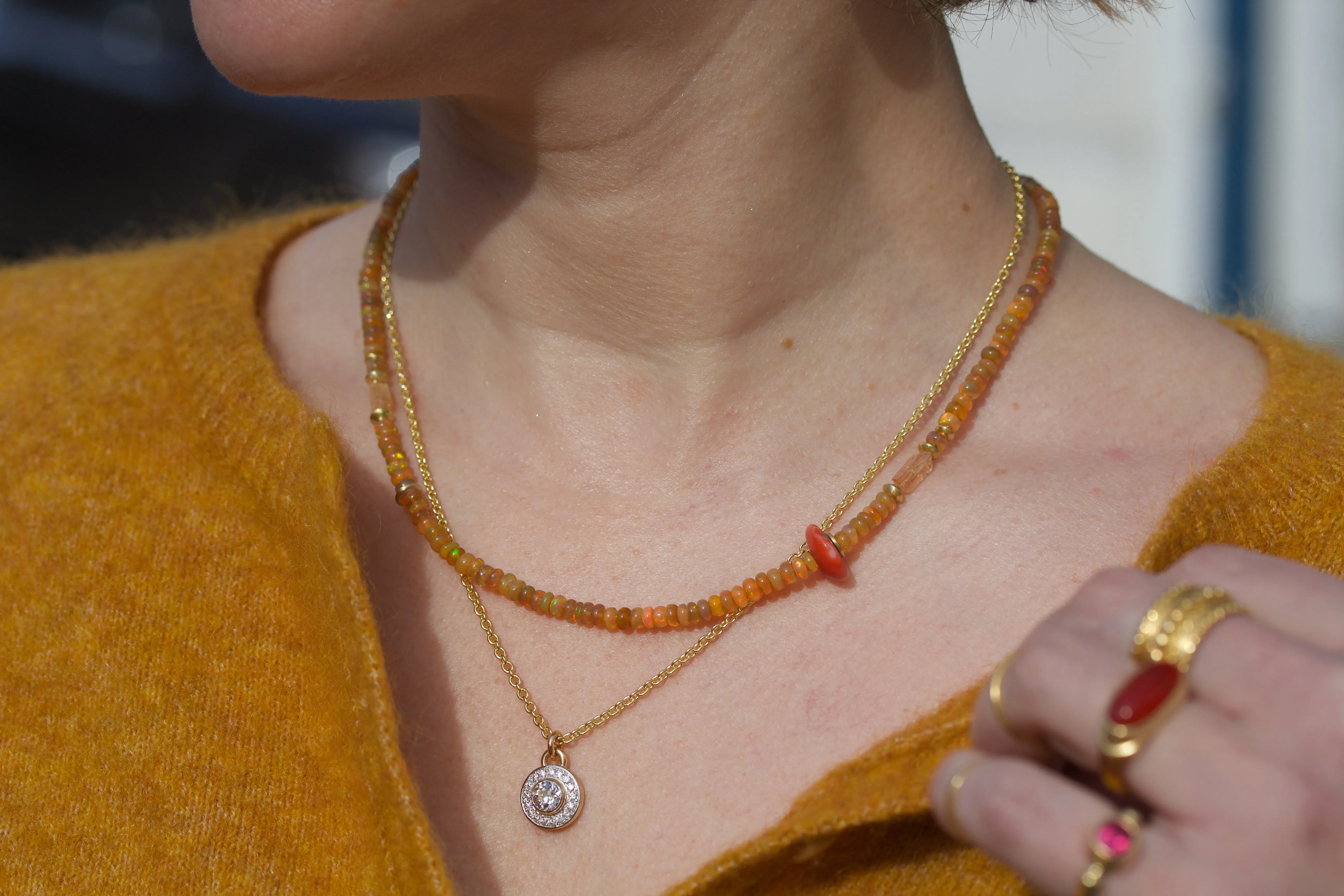 Opal, Coral, Precious Topaz & High Karat Gold Beaded Necklace