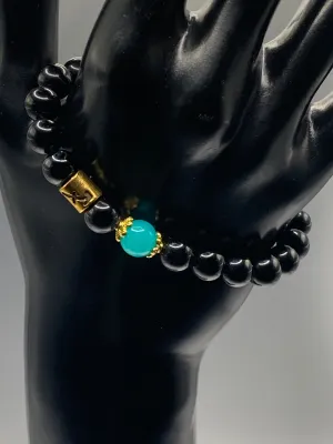 Sagittarius Zodiac black obsidian with aquamarine chalcedony semi precious stone/crystal elastic beaded bracelet with gold accents