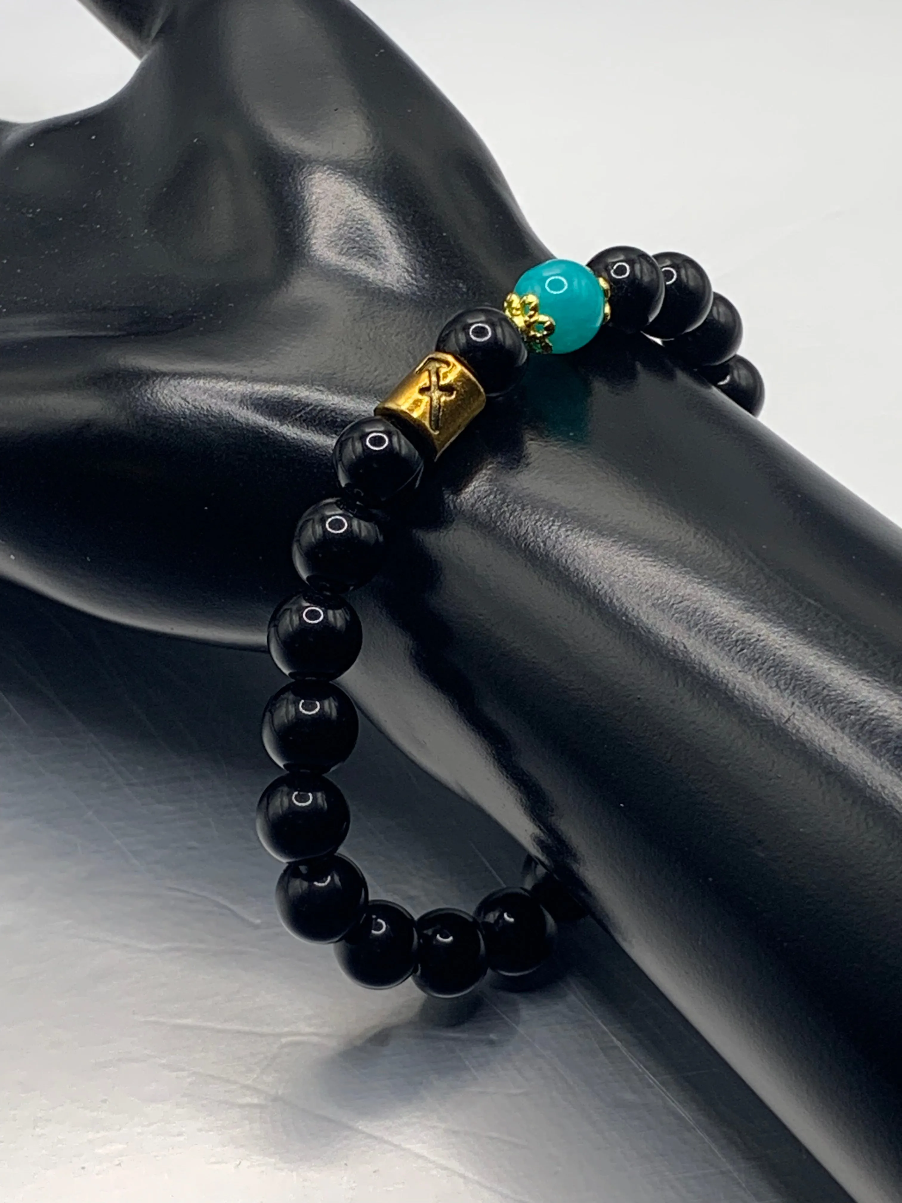 Sagittarius Zodiac black obsidian with aquamarine chalcedony semi precious stone/crystal elastic beaded bracelet with gold accents