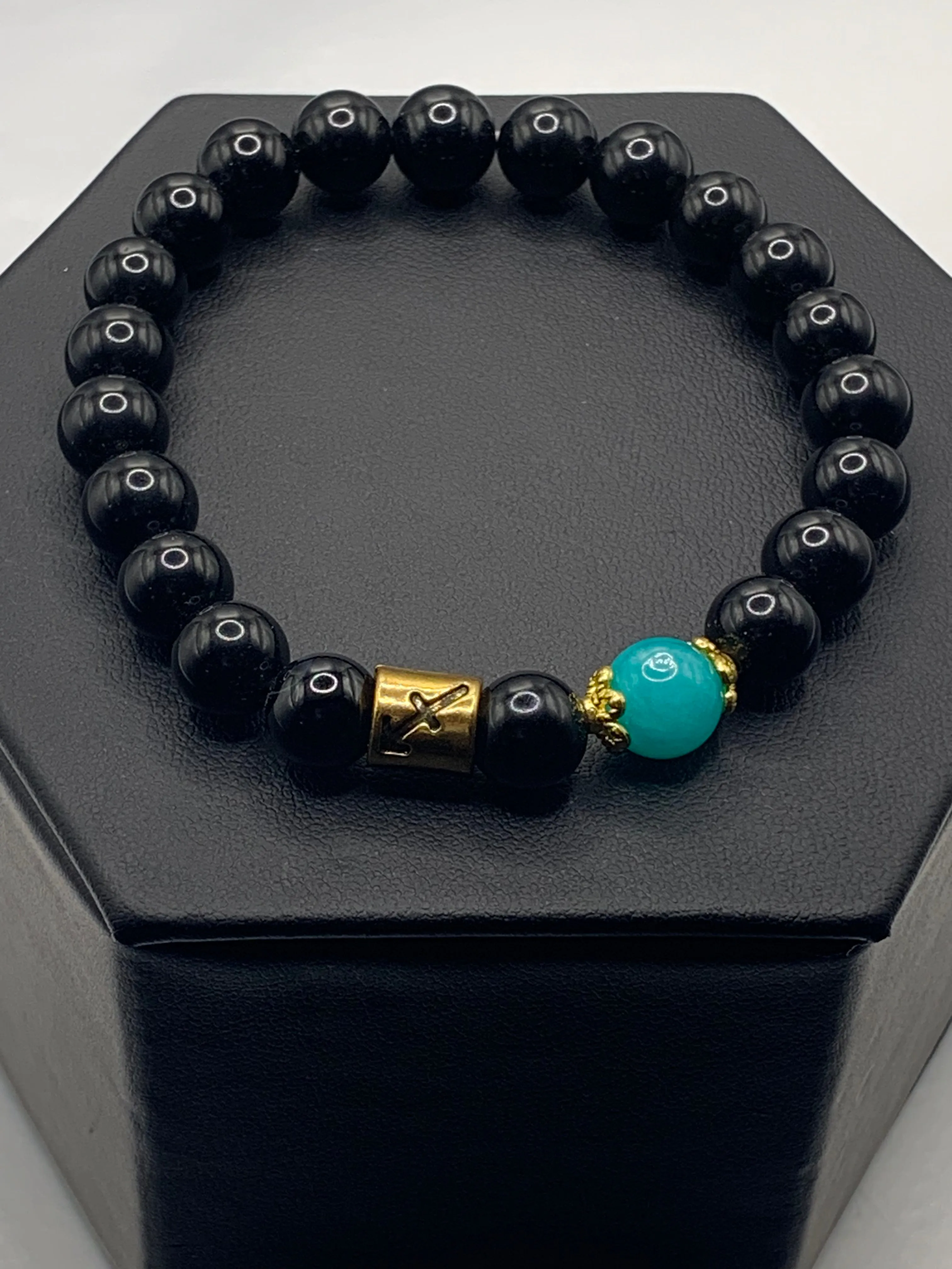 Sagittarius Zodiac black obsidian with aquamarine chalcedony semi precious stone/crystal elastic beaded bracelet with gold accents