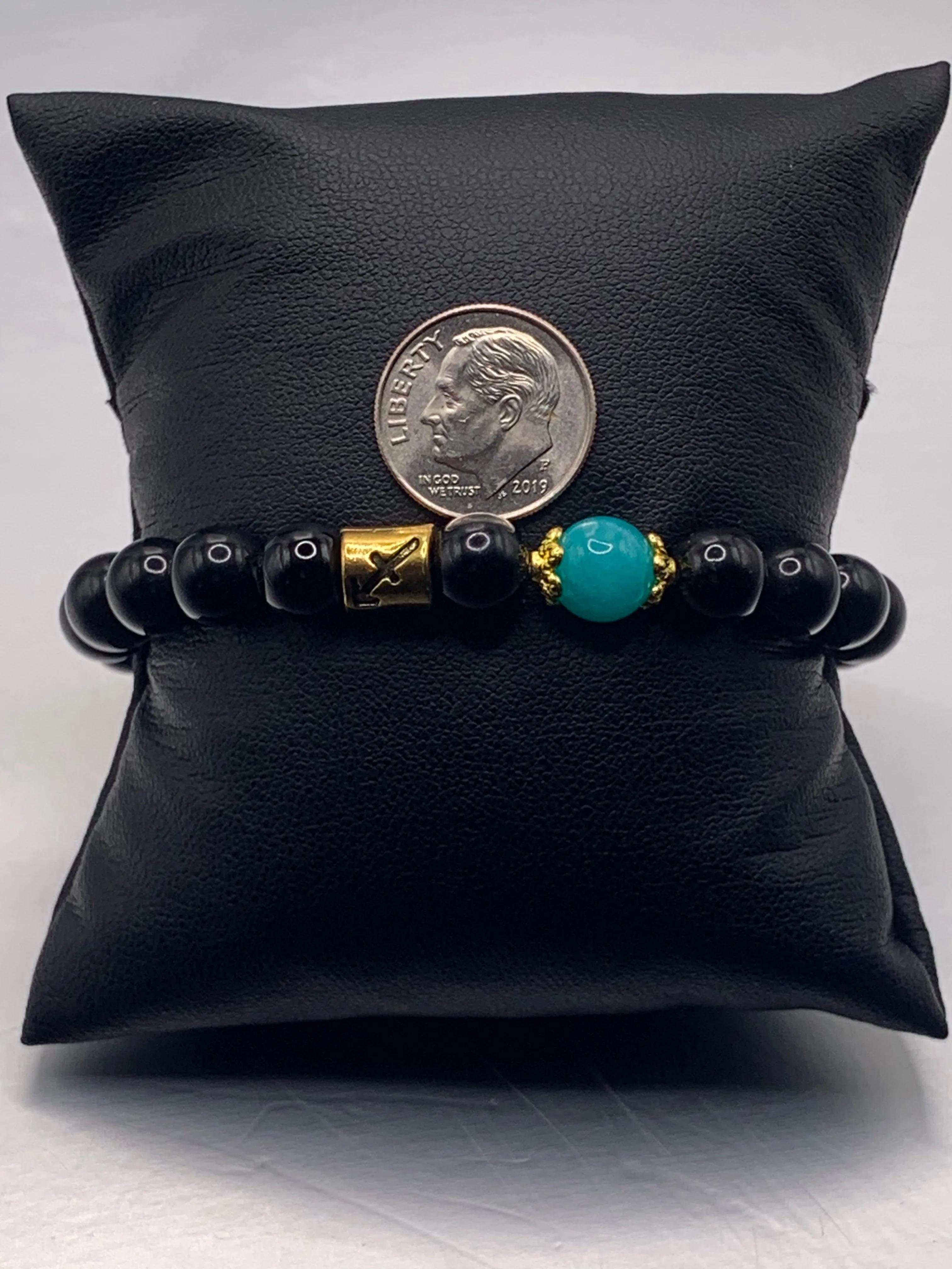 Sagittarius Zodiac black obsidian with aquamarine chalcedony semi precious stone/crystal elastic beaded bracelet with gold accents