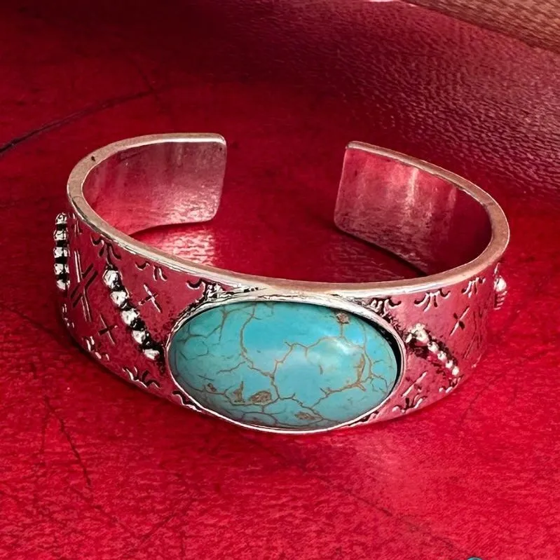 Southwestern Oval Turquoise Chic Boho Silver Fashion Bracelet Cuff New
