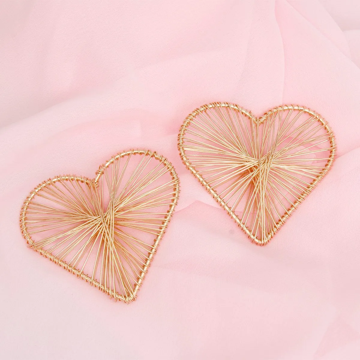Stud Gold Wire Wrapped Angled Heart Earrings